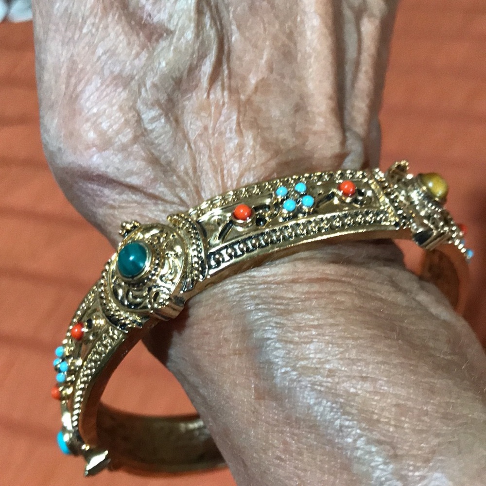 Gold-Tone Turquoise & Coral Accent Bangle Bracelet. - Picture 2 of 9